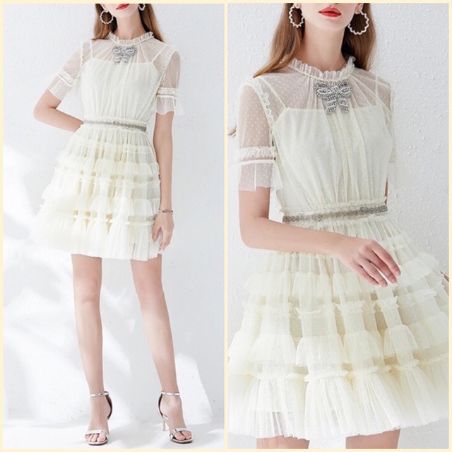 ホワイト 白 フリル フレア スカート ワンピース リボン オーガンジー ミニスカート チュニック チュール ドレス レース 白 Xl Loveysmileshop