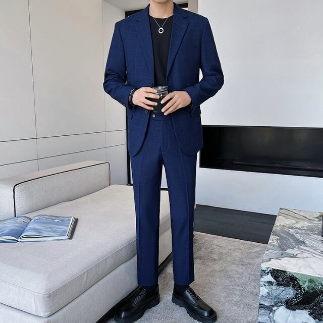 【予約販売】メンズ セットアップ スーツ チェック柄 シック 男前 スリム ハンサム ネイビー ジャケット パンツ セットアップ ビジネス 通勤 フォーマル パーティ 二次会 同窓会 結婚式 韓国 トレンド 春 秋 夏大きいサイズ M/L/XL/2XL/3XL/4XL