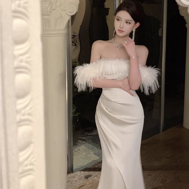 【dress】ファー付きオフショルダーワンピース Q7632