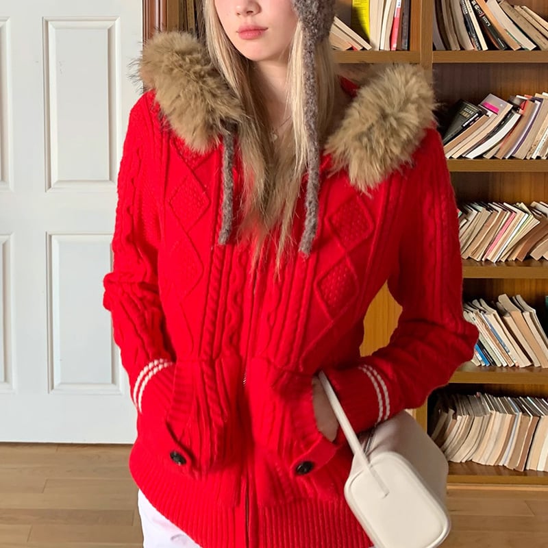 【outer】フード付きニットカーディガン Q7098