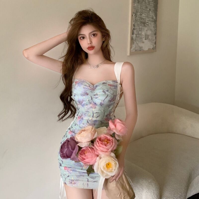 フローラルショートスカート サマーシフォンスリムドレス 大人ガーリー スウィート キュート カジュアル 夏物 花柄 ハンチェンe13116732381