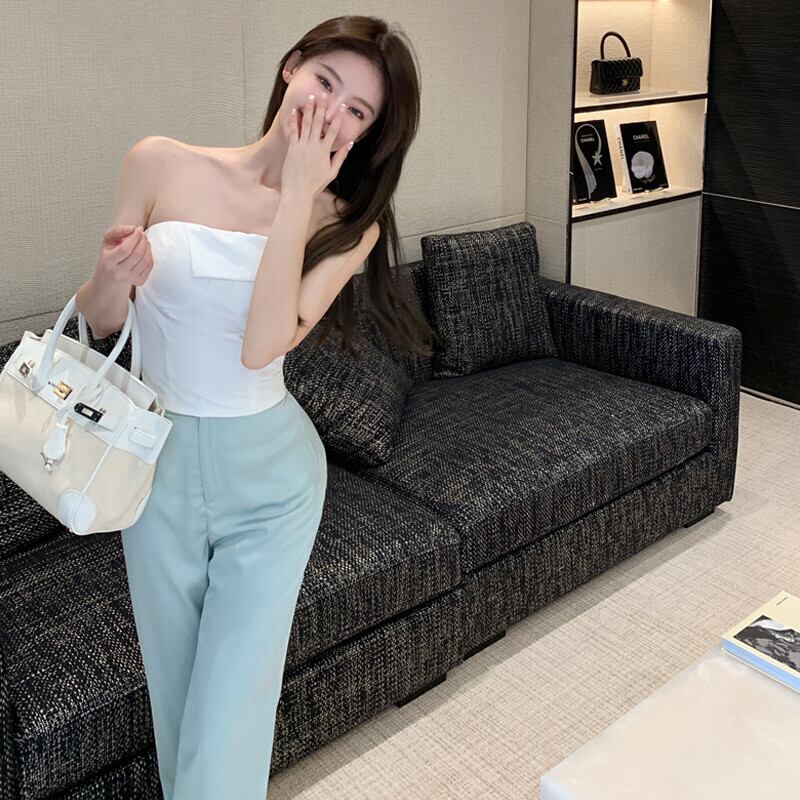 ショートトップス 薄手ハイウェストサテンカジュアルパンツ サマー ストリート 夏物 ガールズファッション3501947844