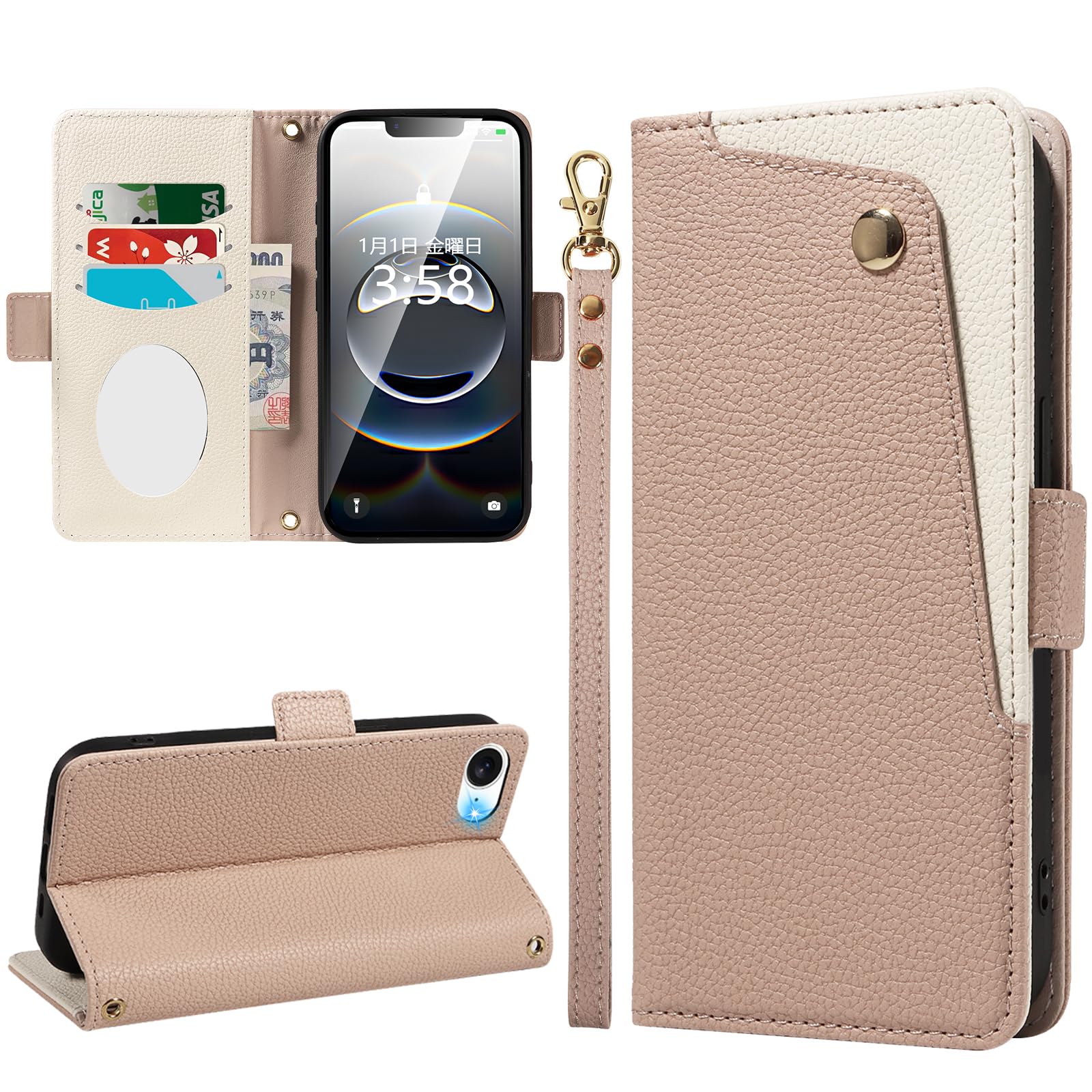 MINIKA iPhone 17e/16e 用 ケース 手帳型 ミラー付き ストラップ付き 4枚のカードを収納 バイカラー(ベージュ)