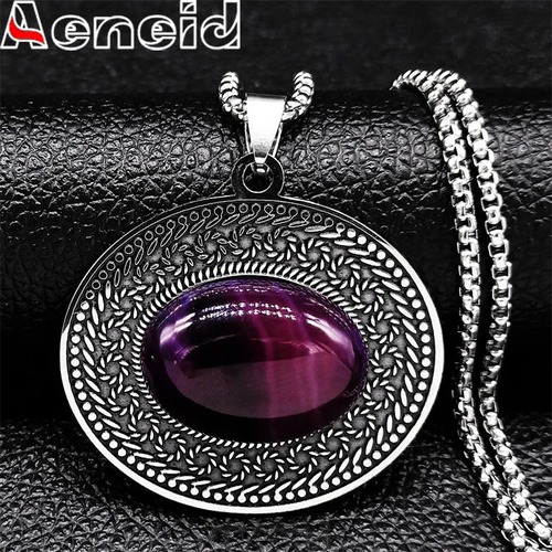 ネックレス  ステンレス ビンテージ シルバー オバール チェーン ストーン リング レディース スチール ボヘミア ナチュラル