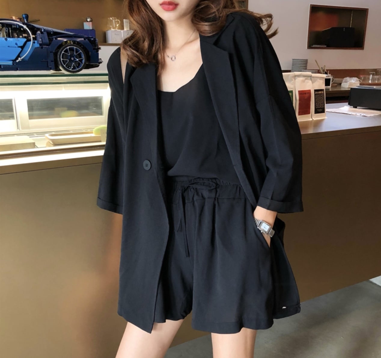 3点セット ショートパンツ セットアップ レディース ジャケット キャミソール ウエストゴムカジュアル ルー ムウェア レディース 夏 韓国 コーデ 秋 秋冬 大きいサイズ おすすめ おしゃれ オフィスカジュアル オーバーサイズ オフィス カジュアル かわいい 可愛い