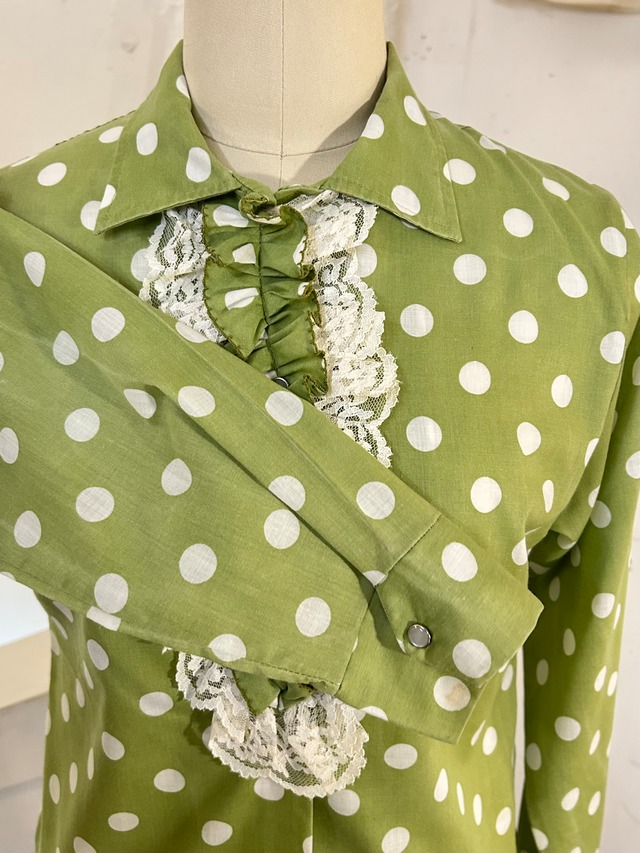 60's vintage "SEARS" green dot & frill blouse