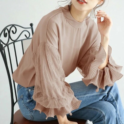 送料無料 レディースブラウス 春秋シフォン フリルレース長袖 韓国ファッション ブラック ホワイト ピンク 大人可愛い オフィス 20代30代