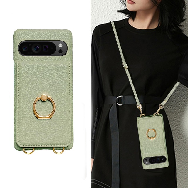 for pixel9 pro 用 ケース ショルダー ストラップ 薄型 かわいい スマホケース 可愛い ピクセル9 グーグルピクセル9 用 携帯 斜めかけ 肩掛け 首掛け 紐付き 韓国 軽量 カード収納 ショルダーケース おしゃれ 2way (ピーグリーン)