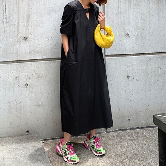 ギャザーワンピース 半袖 ゆったりシルエット オーバーサイズ A Natu Jolie