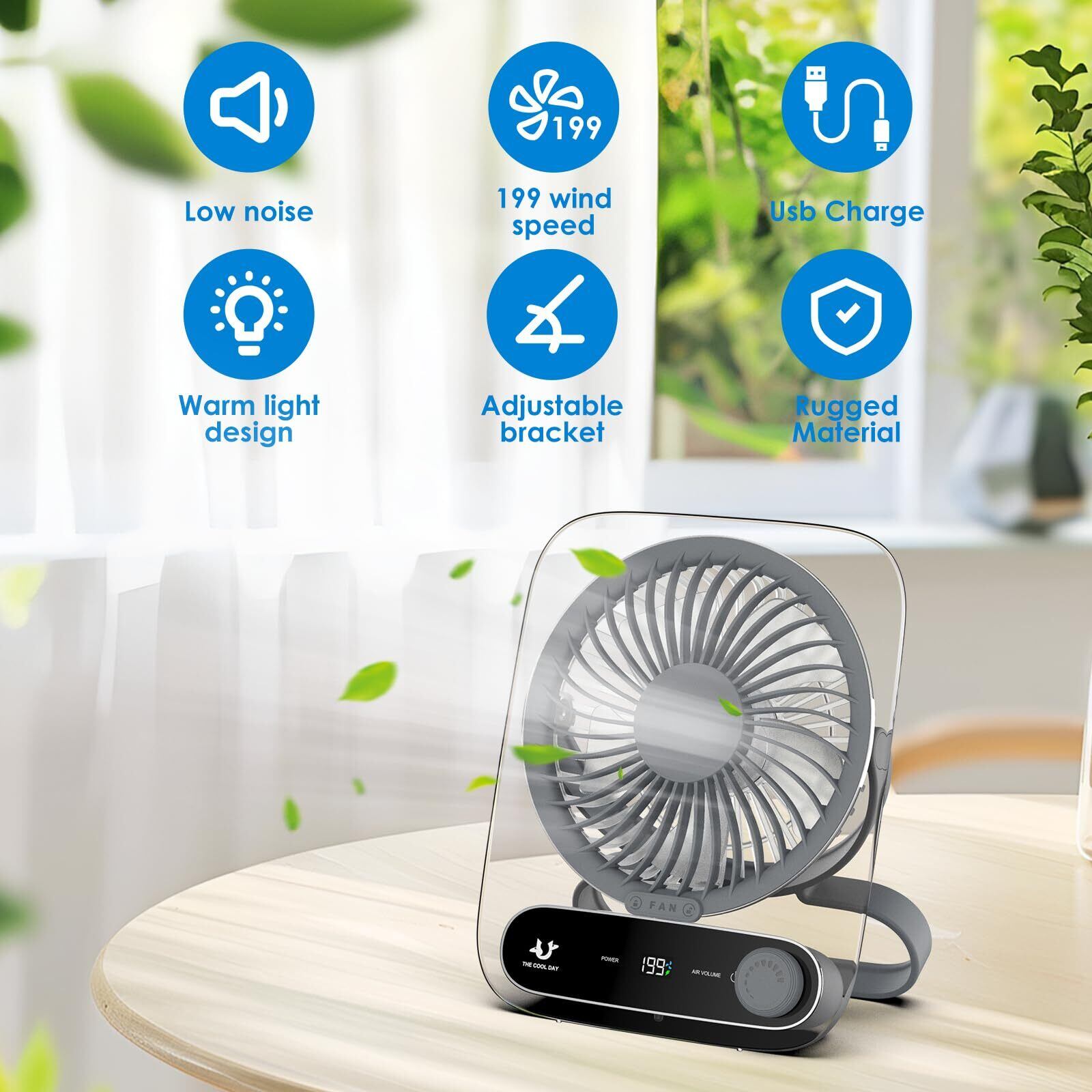 Simpeak Usb Fan Simpeak USB扇風機 199段階調整 充電式卓上扇風機 小型静音ファン、吊り下げ可能 照明付き ミニファン、オフィス/寝室/旅行/車内 ...