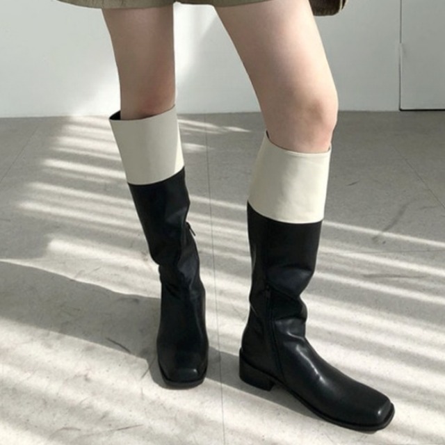 スクエアトゥ バイカラー レザー ブーツ 230856