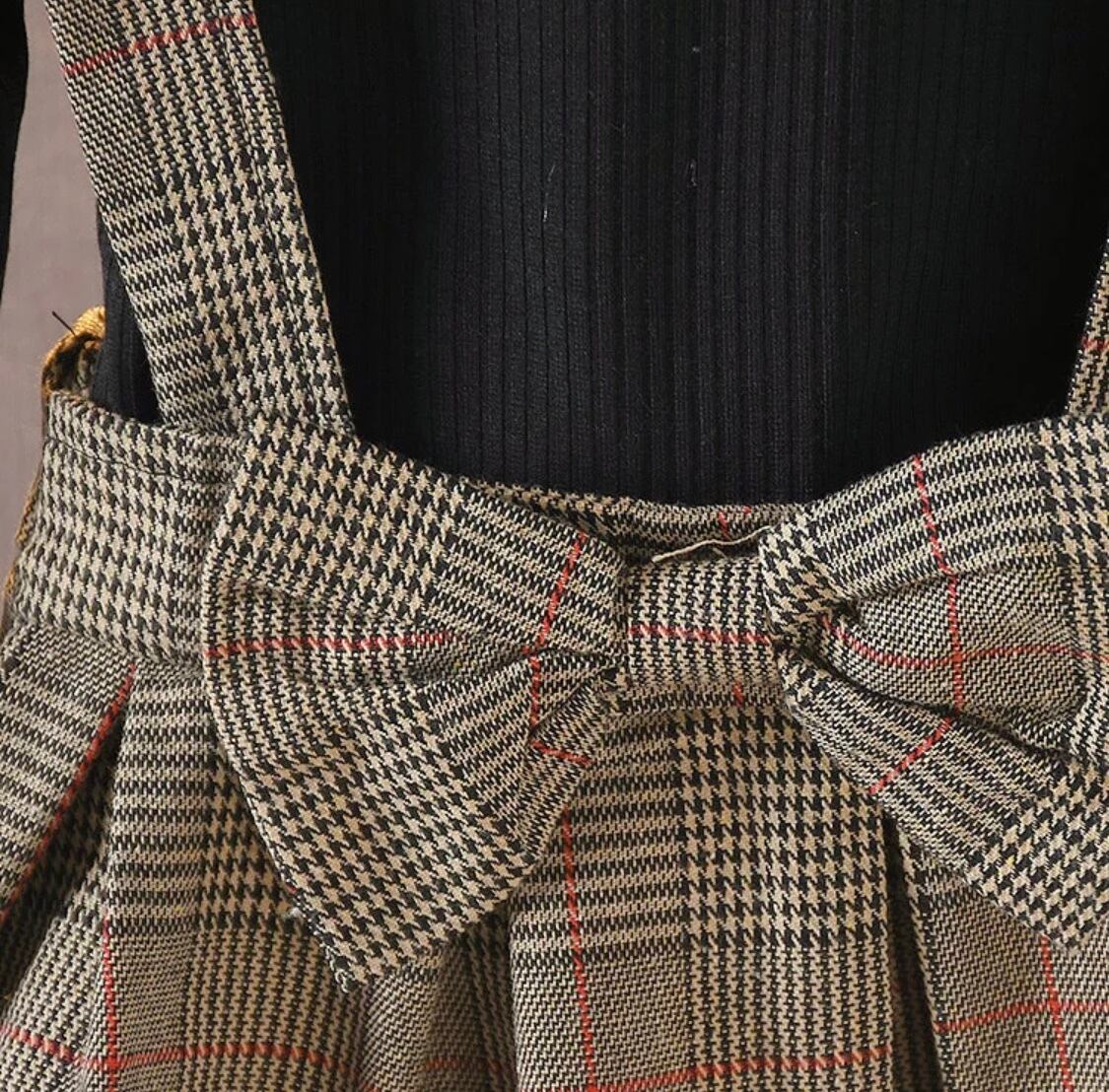 フリルチェックワンピース》》》》》》》》》》》》フリル袖 ジャンパースカート ワンピース チェック リボン 海外子供服 セットアップ風 韓国