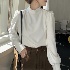 半ハイネック パフスリーブ ロンT レディース トップス プルオーバー Tシャツ 長袖 伸縮性 かわいい 大人可愛い きれいめ シンプル カジュアル 上品 おしゃれ 無地 春 秋 冬 ママ 通勤 学生 学校 通学 デート お出かけ 旅行 公園 女子会 休日 ショッピング カフェ 重ね着 普段使い 着回し S M L XL 白 ホワイト 黒 ブラック