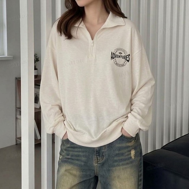【即納】Y-5108　2026秋新作♡ADVENTURESバックプリントハーフジップ長袖Tシャツ　オートミール　0923