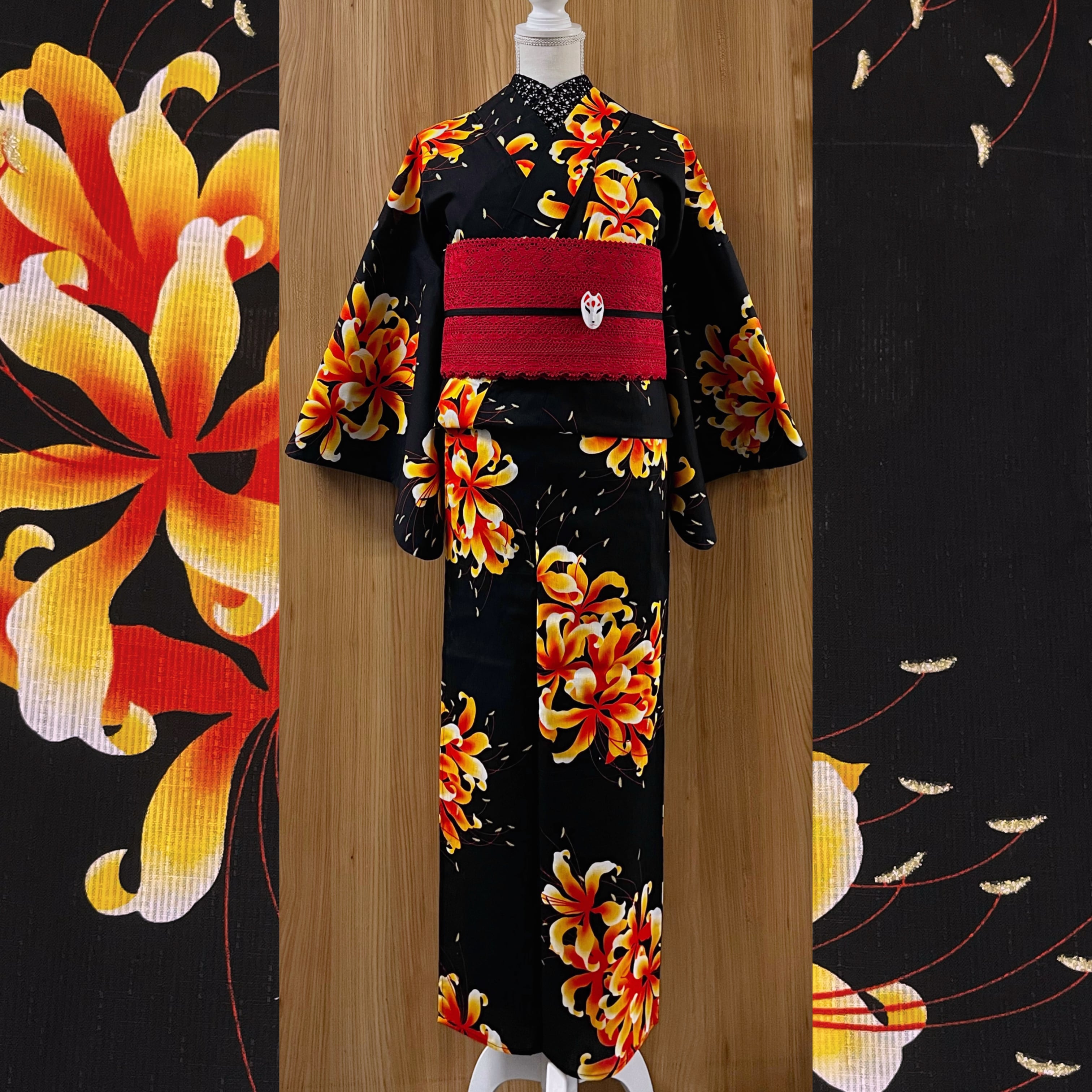 新品】小さめサイズ！黒地に彼岸花文様の綿麻浴衣 | きもの楸堂