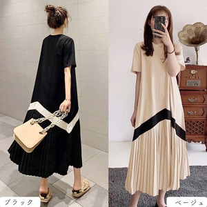 ロングワンピース XL 半袖 レディース 送料無料 Aライン プリーツ 切り替え ゆったり 春夏秋 112956