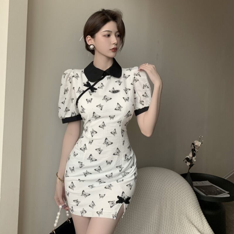 スタンダードシフォンドレス サマーショートスカート リボン レトロ 夏物 ブラックストロベリース37229462553