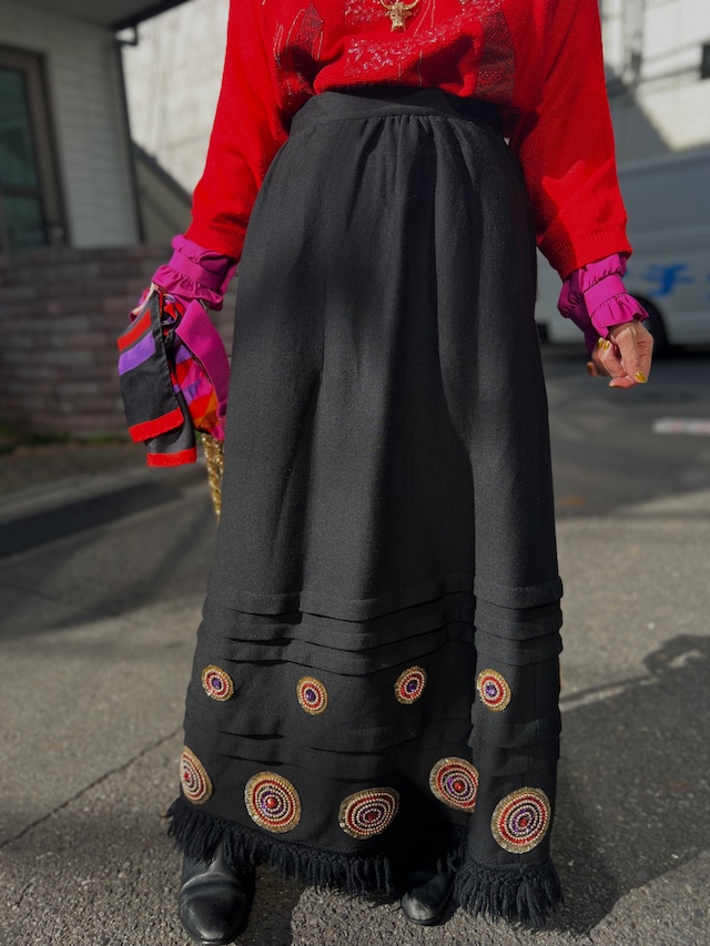 70s-80s handmade black × spengle fringe long skirt ( ヴィンテージ ハンドメイド  ブラック × スパンコール フリンジ ロング スカート )