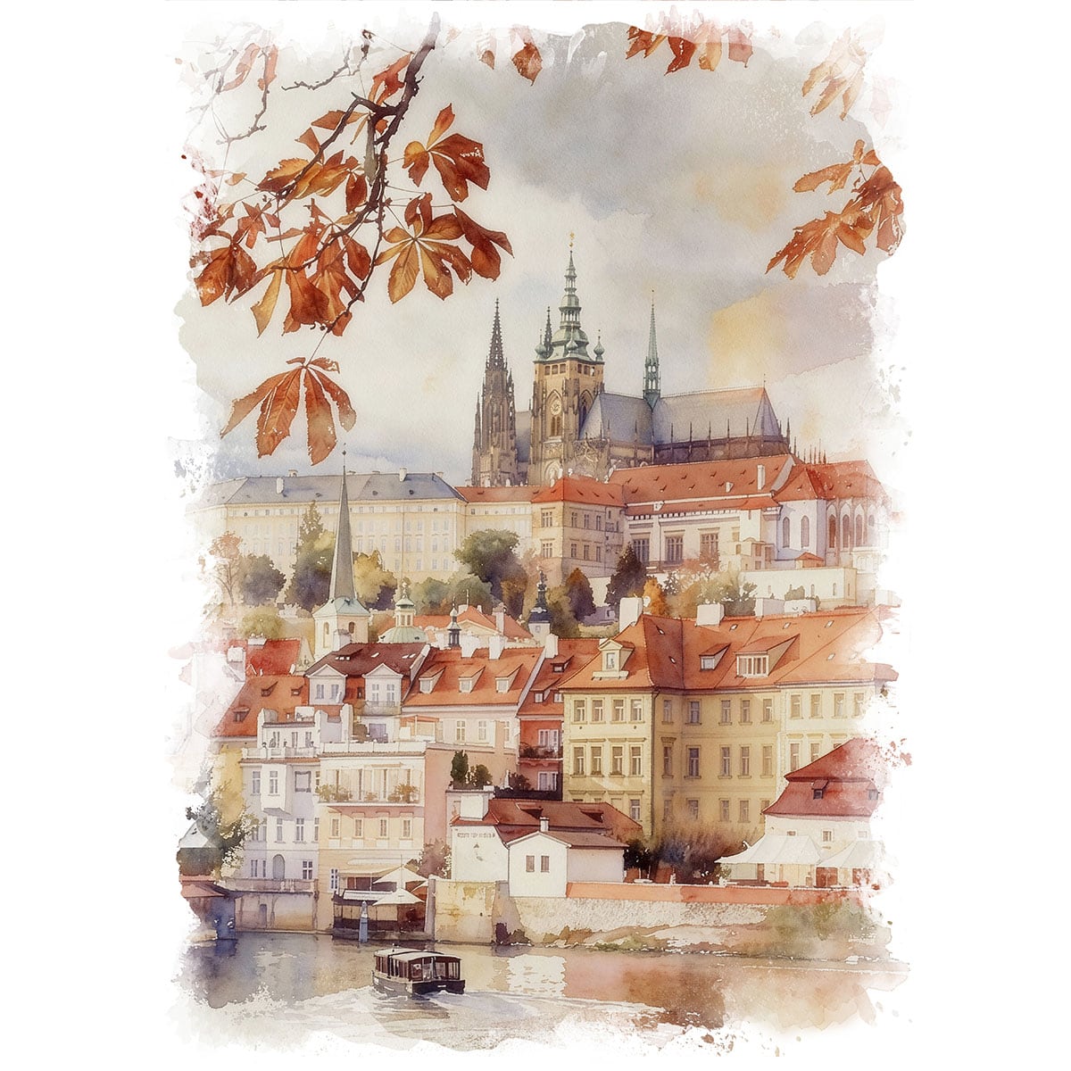 絵画 風景画(街並み) チェコ 秋のプラハ インテリアアート額付き