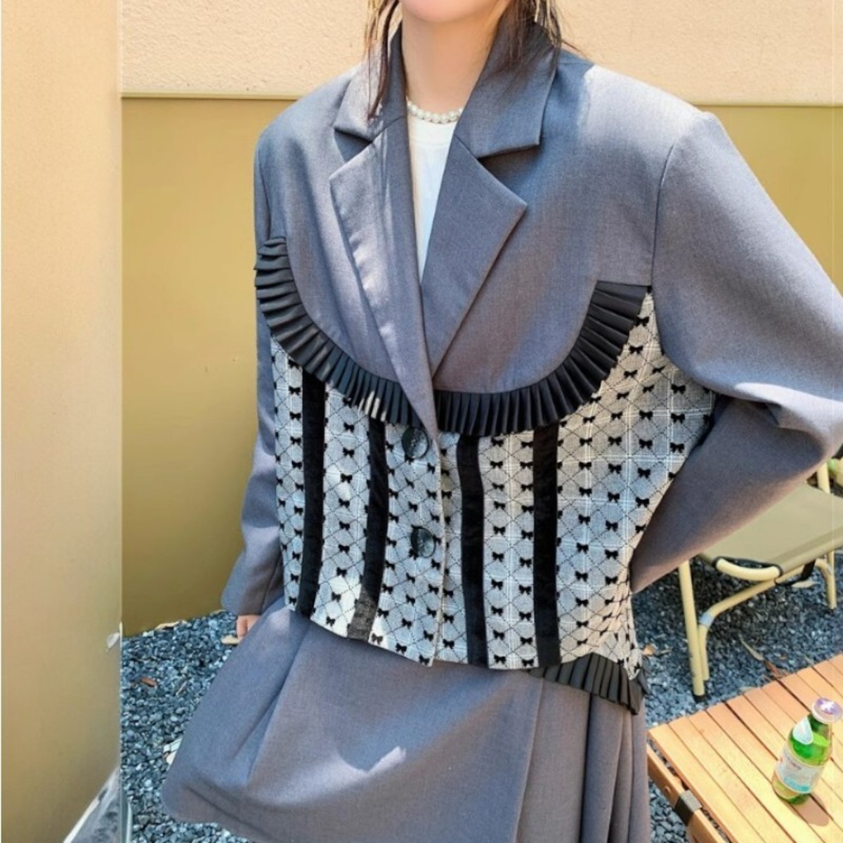 retro girly ribbon pattern suit jacket and pleated skirt set up 0766 ...