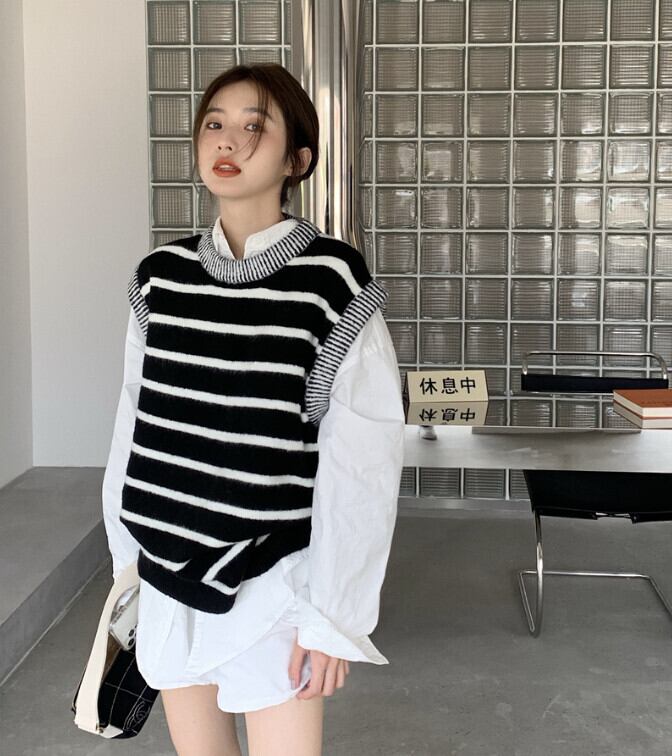 スタイルルーズオータムストライプノースリーブトップス 秋物 モンロー24159479564