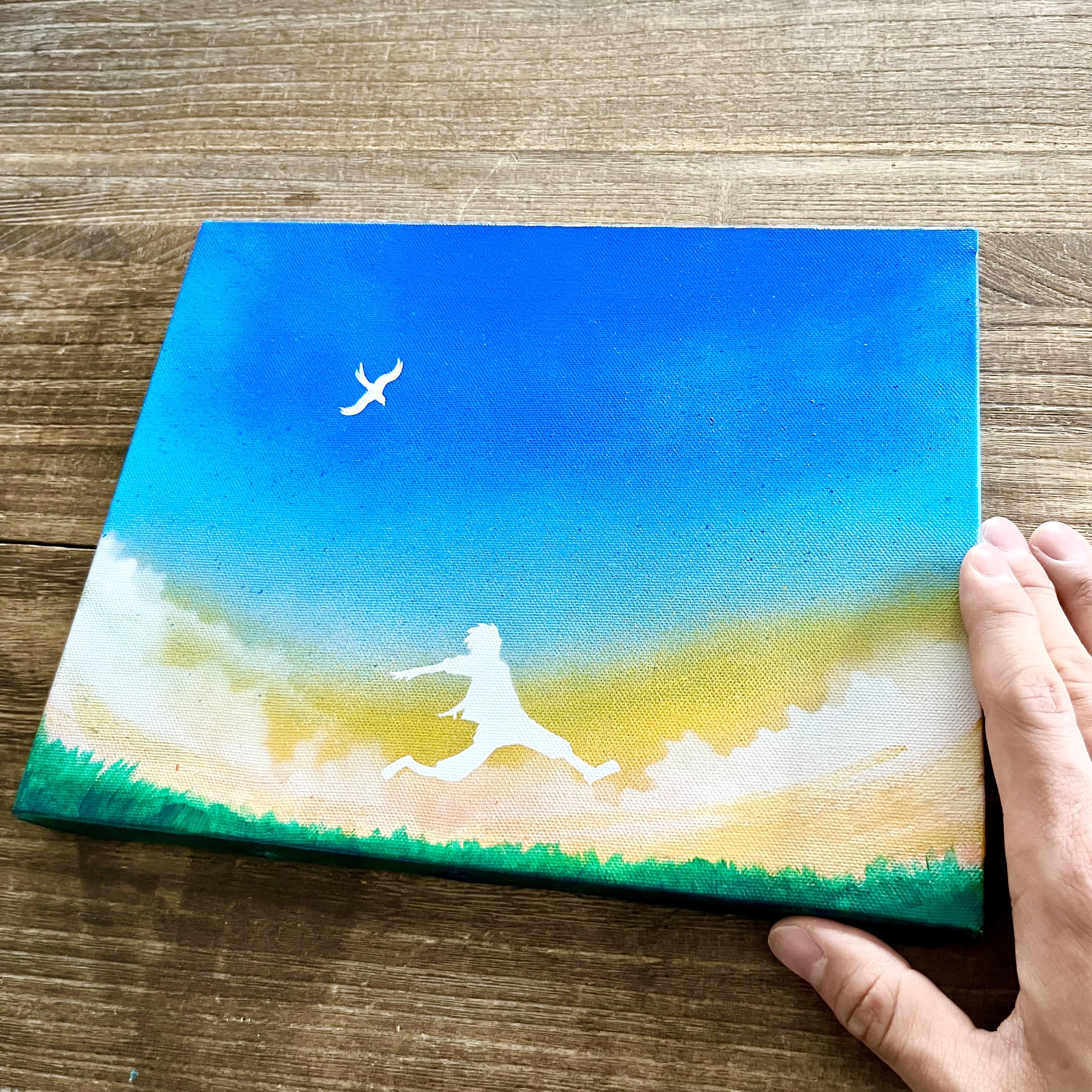 あの空まで飛べたら」 原画 空×鳥×少年 青 絵画 キャンバス 風景画