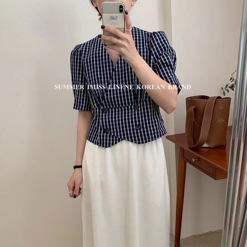 格子柄スリーブジャケット サマー薄手スタイルスタンダードダブルブレストショートシャツ レトロ 夏物 ビッグFスモールZ韓国58967252579