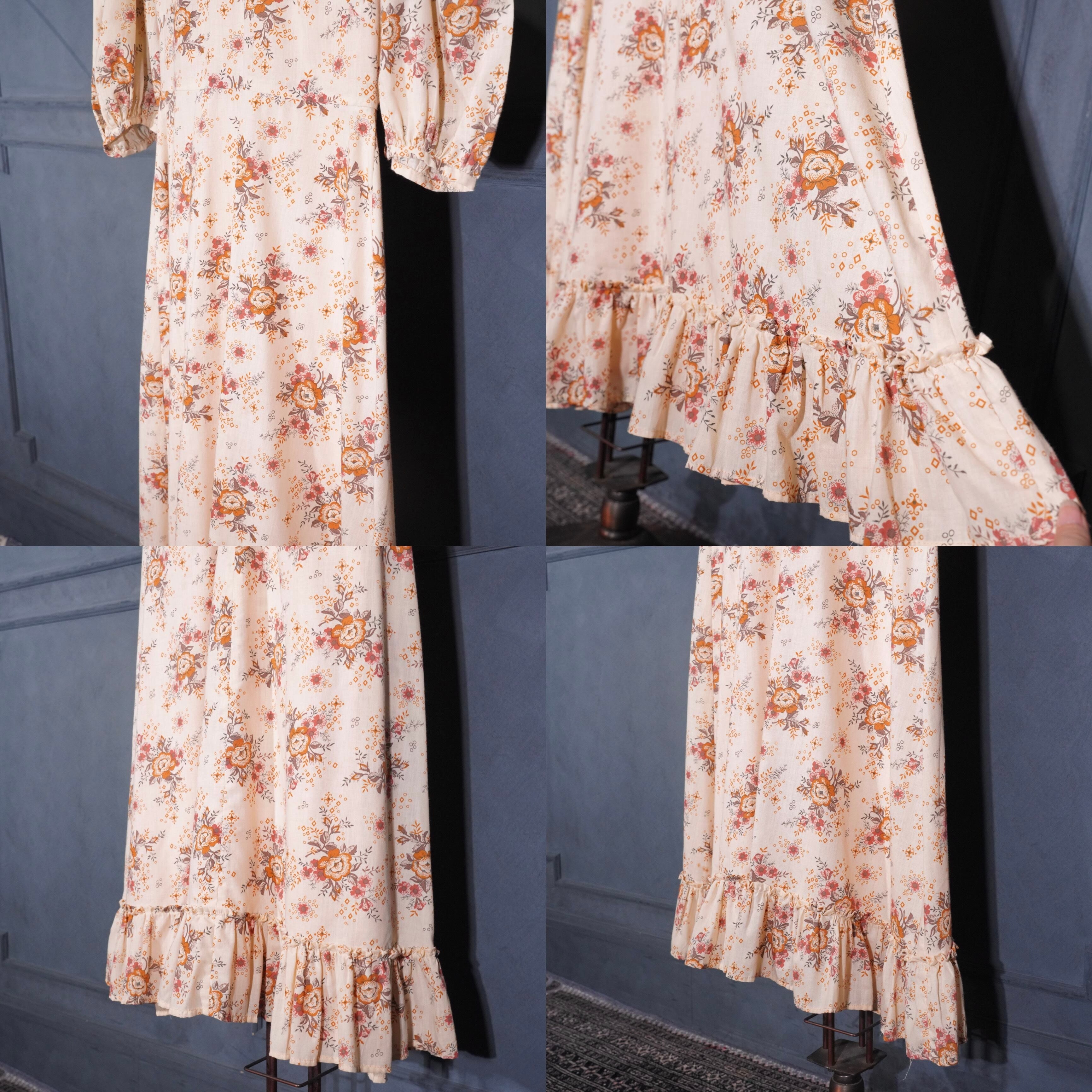 70's USA VINTAGE FLOWER PATTERNED FRILL DESIGN COTTON DRESS ONE