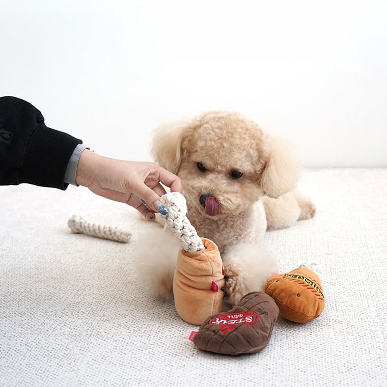 happy meal snack rope toy 4color / 犬 おもちゃ ノーズワーク トイ ペット用 カシャカシャ 噛む 音が鳴る 知育玩具 鳴き笛入り 可愛い わんちゃん おもちゃ おやつ隠し ストレス解消 韓国 ペット用品