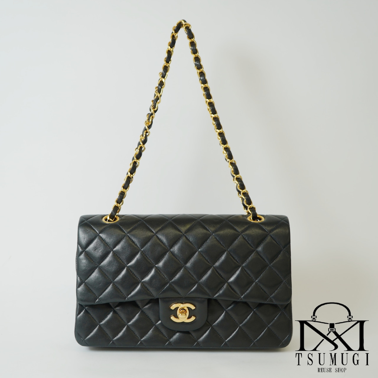 CHANEL シャネル マトラッセ 25 ラムスキン ダブルフラップ ダブルチェーン ショルダーバッグ ゴールド金具 ブラック 4番台