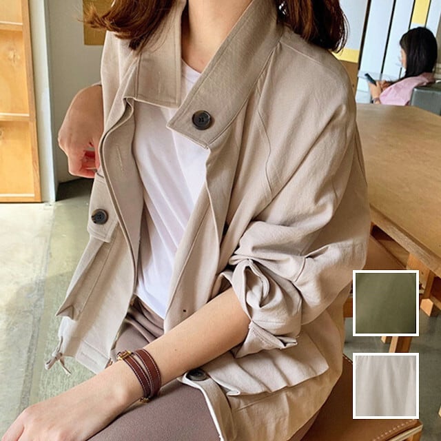 レディース アウター ジャケット ブルゾン スタンドカラー ゆったり ポケット エレガント 無地 ベイクドカラー 長袖 ハイネック 襟付き ベージュ カーキ S/M/L/XL/2XL
