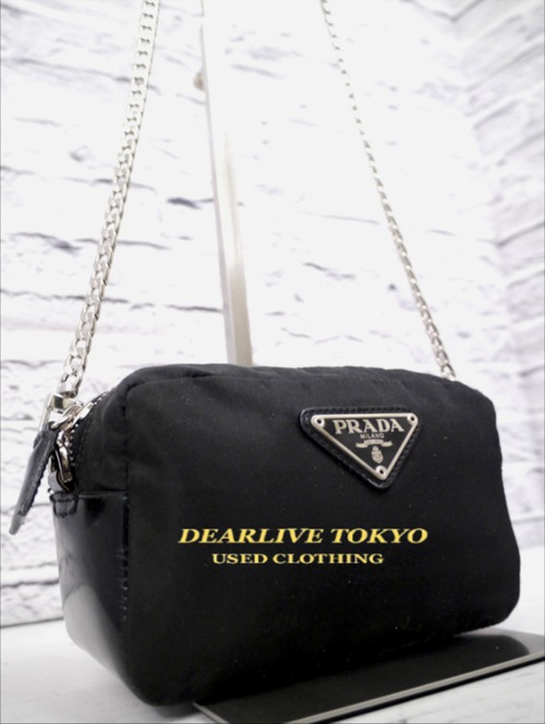 ◆PRADA プラダ ナイロンxパテントレザー クロスボディ チェーンストラップ ショルダー カメラ バッグ ポーチ ポシェット 黒◆クロスボディ