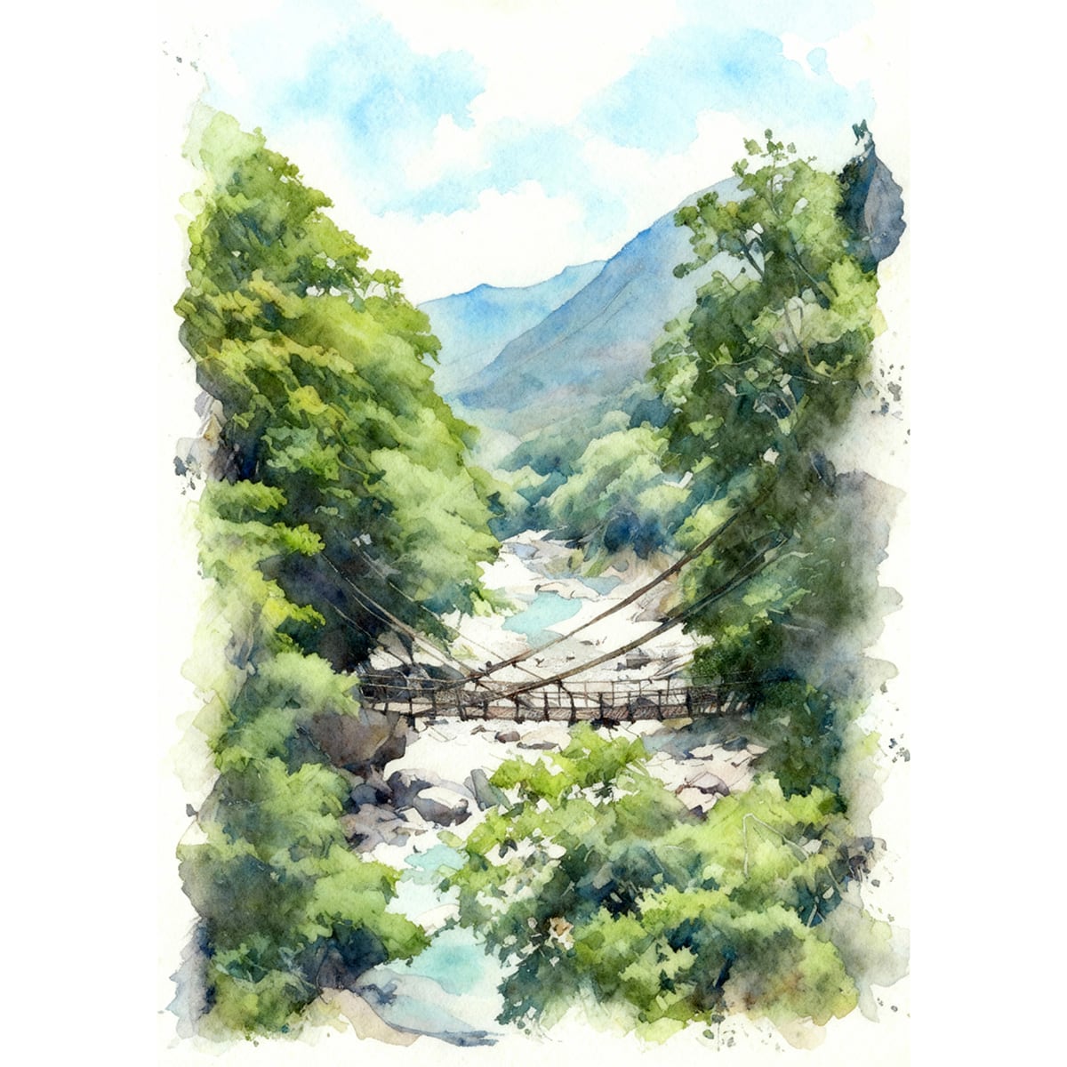 絵画 風景画 日本 徳島県 祖谷のかずら橋 インテリアアート額付き 水彩画風 WAT1719
