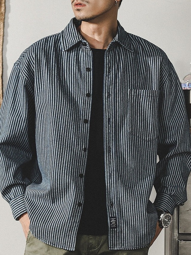 Stripe Retro Long Collard Shirt【L0587】