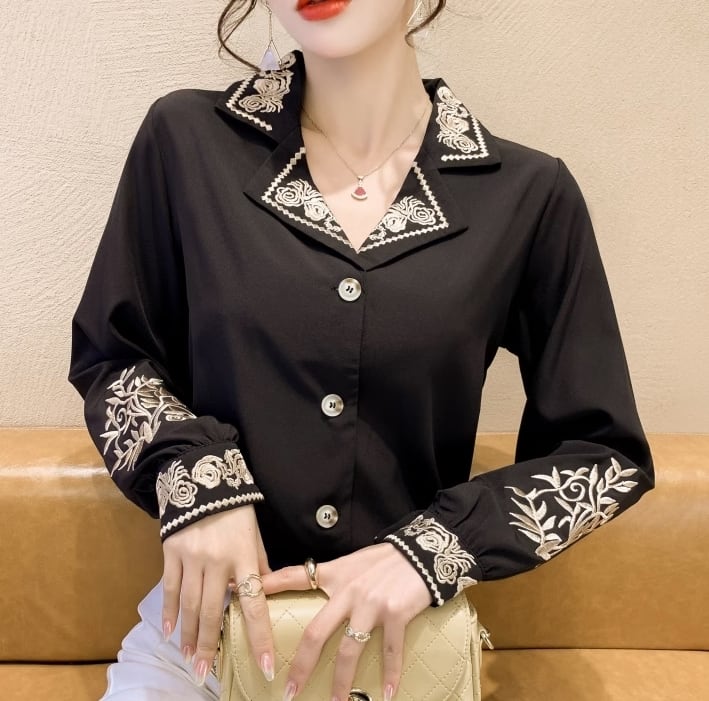 トップス シャツ 袖あり 長袖 襟付き 刺繍 シフォン 前開き ボタン