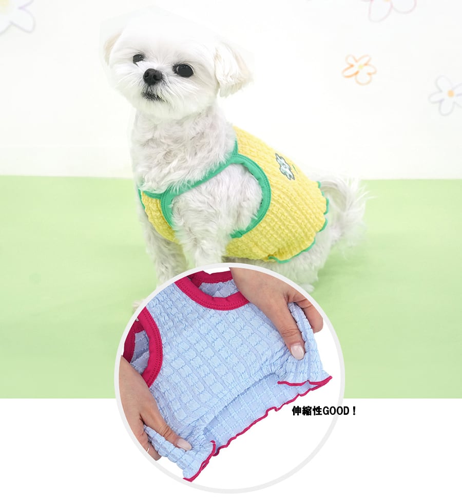 【予約商品5％OFF】triple flower bubble crop t-shirt S ~ XL 2color  /  犬服 春夏 新作 可愛い 犬の服 Tシャツ ショート丈 トップス crop top お揃い ドッグウェア 涼しい ストレッチ シンプル