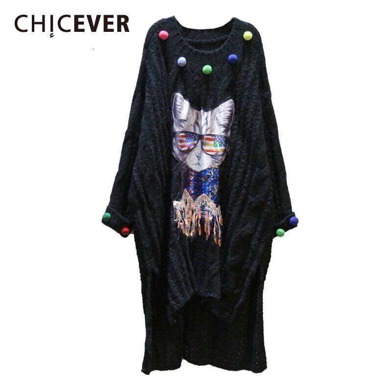 CHICEVERパッチワークヘアボールプリントニットセーター女性Oネック長袖特大非対称プルオーバー2020服 ロング 6base535032562709