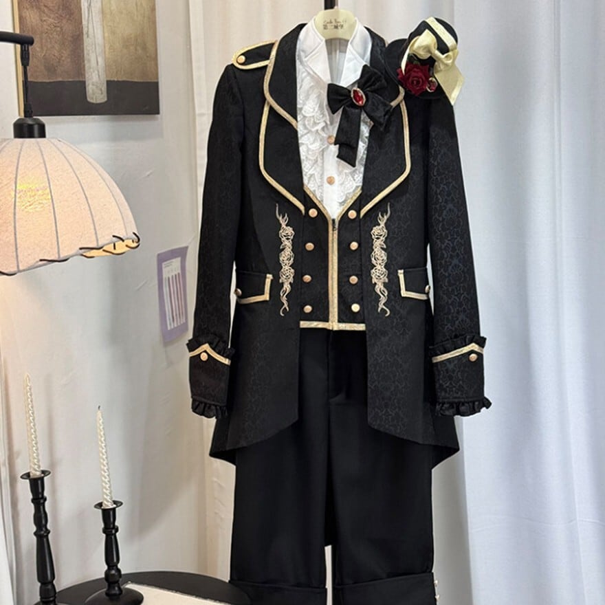 軍ロリ 王子系ゴシック｜刺繍装飾テールジャケット（ブラック・レッド