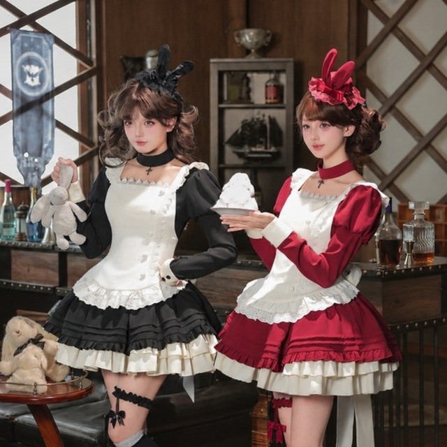 夜兎喫茶のクラシカルメイド うさ耳レースミニハット｜レッド・ブラック