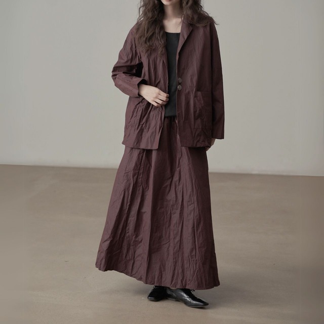 Wrinkle-processed jacket & a-line maxi skirt set【2color】 C1068