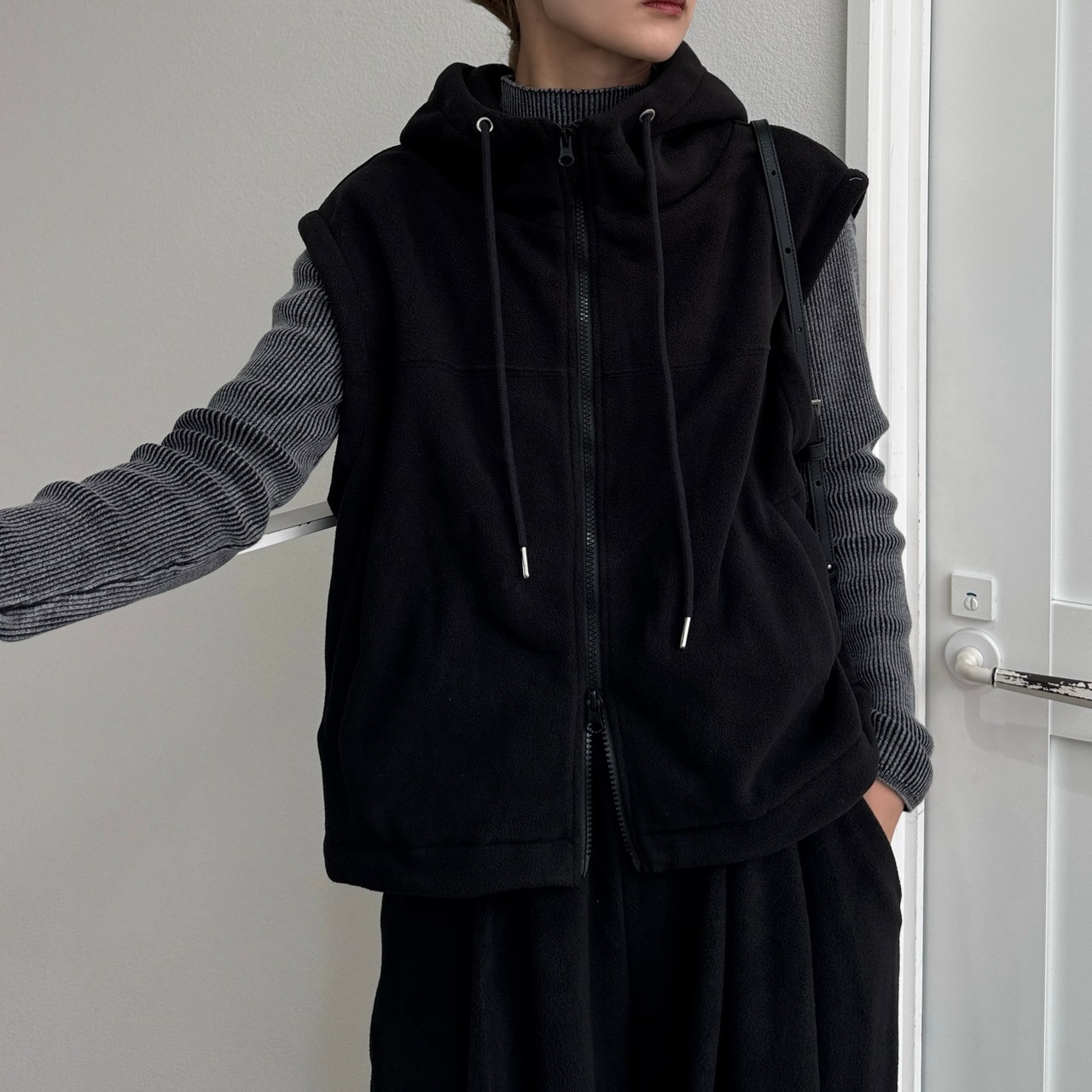 Wzipフリースフーディーvest/ブラック