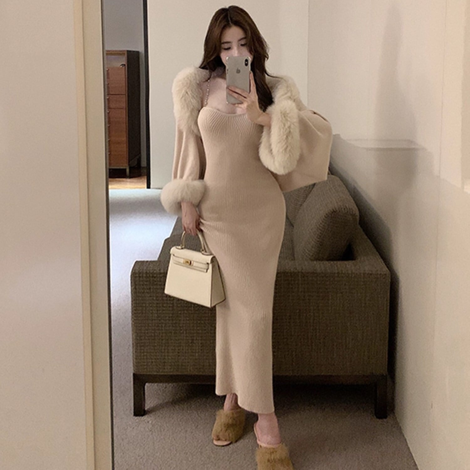 set】ファー付きアウター×ニットキャミワンピースセット N2293