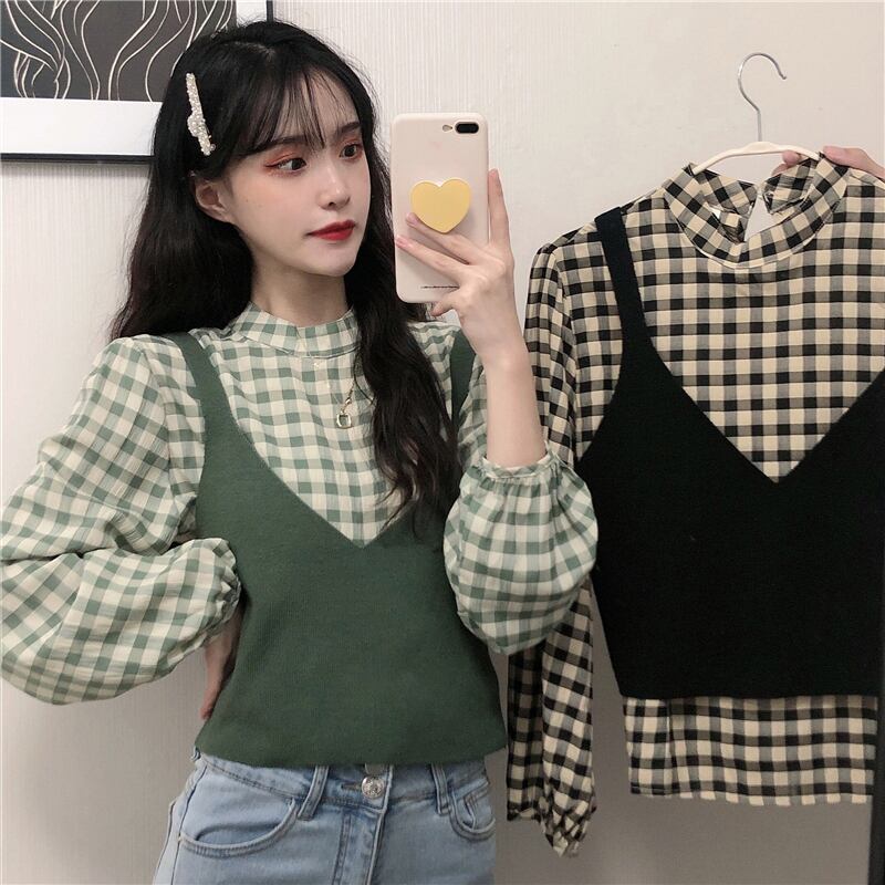 スタイルスリーブカラー格子柄ラウンドネックシャツ レディーススプリング長袖ルーズトップス ロング 春物 Oネック 萌量不足52120939874