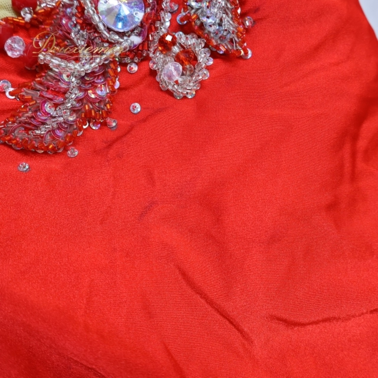 ベリーダンス オリエンタル 衣装 上下セット レッド系 トップス スカート アーム飾り 腕飾り ラインストーン ビーズ スパンコール キラキラ フリンジ 赤 豪華 装飾 ダンス衣装 スリット 鮮やか 華やか ゴージャス アーム シルバー系 ベージュ系