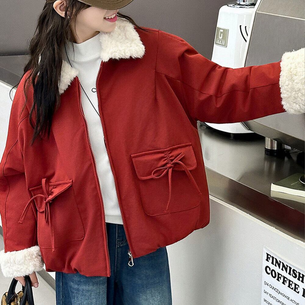 【送料無料】 子供服 女の子 アウター ファーカラー ジャケット 秋冬 韓国 防寒 保温 暖かい 小学生 おしゃれ カジュアル リボンポケット かわいい 大人可愛い 大人女子