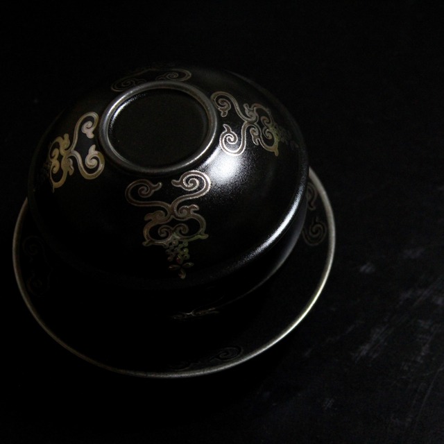 #26-5 プラチナ瓔珞紋ボンボニエール　台皿付　黒マット