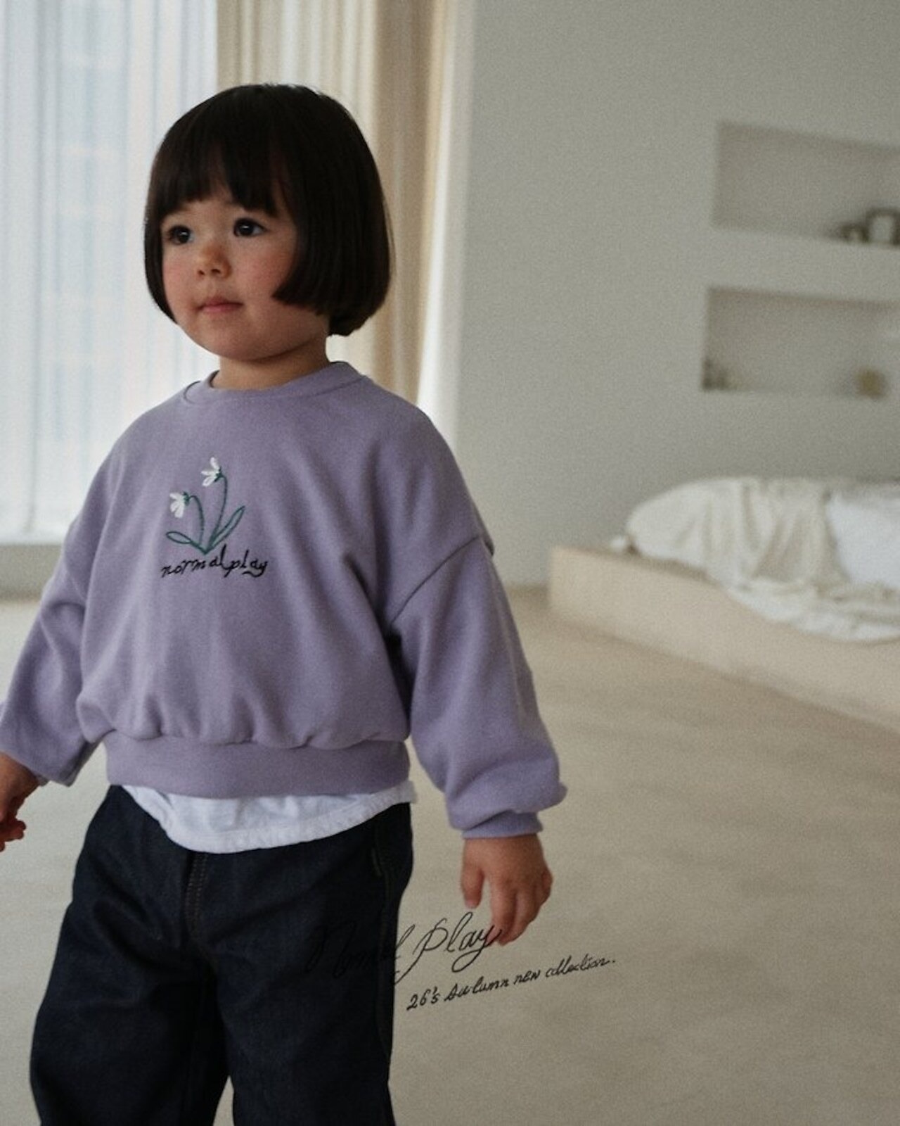 韓国子供服 / 26Autumn / normalplay / フラワー刺繍クロップドスウェット / キッズ / 秋服 *12M~L*