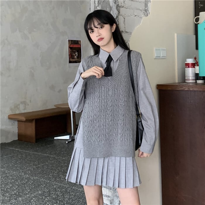 セーター スカート スプリングVネックニットリボンプリーツシャツ ドレス 春物 YY-ファッション44590342999