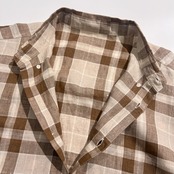 PAPAS パパス リネン100% チェック柄 BD 半袖シャツ L/ブラウン