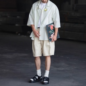 開襟ストライプ柄五分袖シャツ　0704